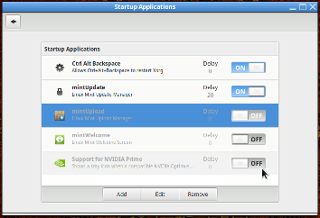 Cinnamon's Managing Startup Applications window Cinnamon's Managing Startup Applications window